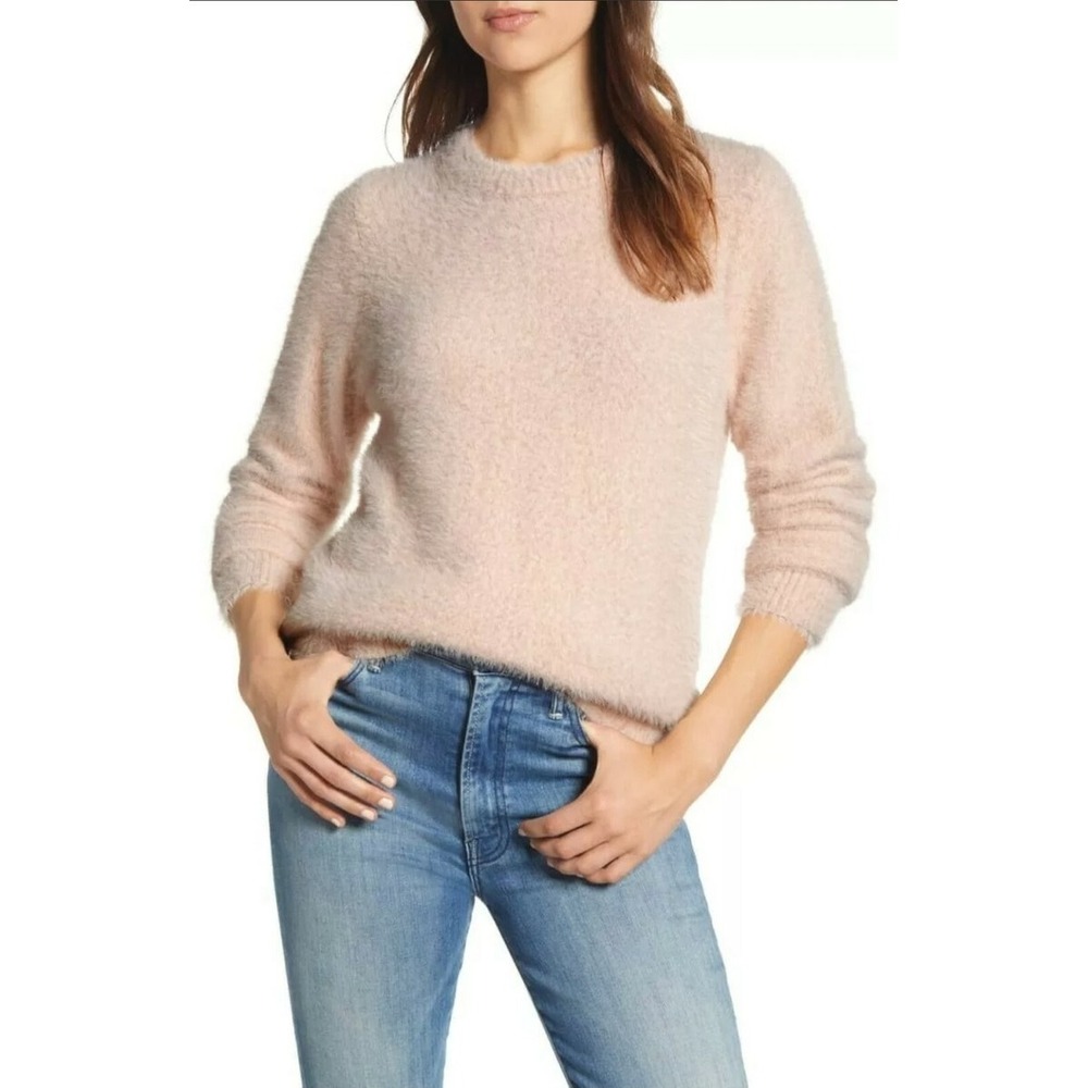 NWT Lucky Brand Pink Fuzzy Eyelash Knit Crew Neck Sweater Large Stretch Cozy - Picture 14 of 15